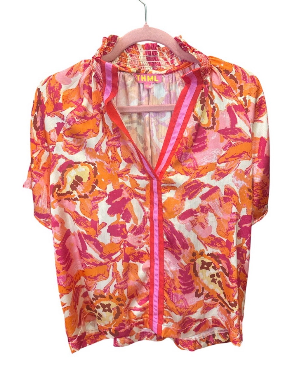 THML Pink Orange Floral Ruffle V-Neck Blouse
